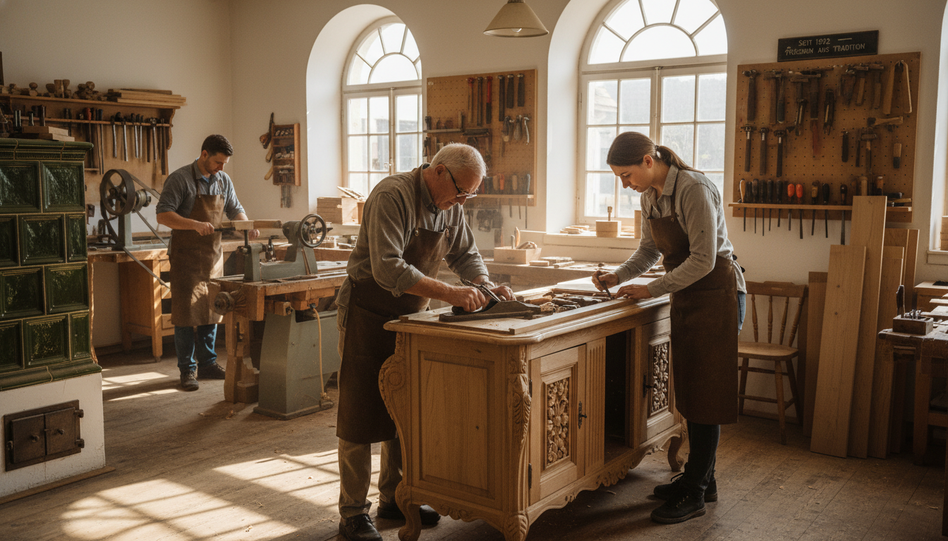 Image: A candid, warm photo inside a traditional German workshop or small factory. Skilled craftspeople are meticulously working on a product, perhaps a woodworking shop, a precision engineering lab, or a bakery, conveying dedication, heritage, and quality. Natural light and an inviting atmosphere.