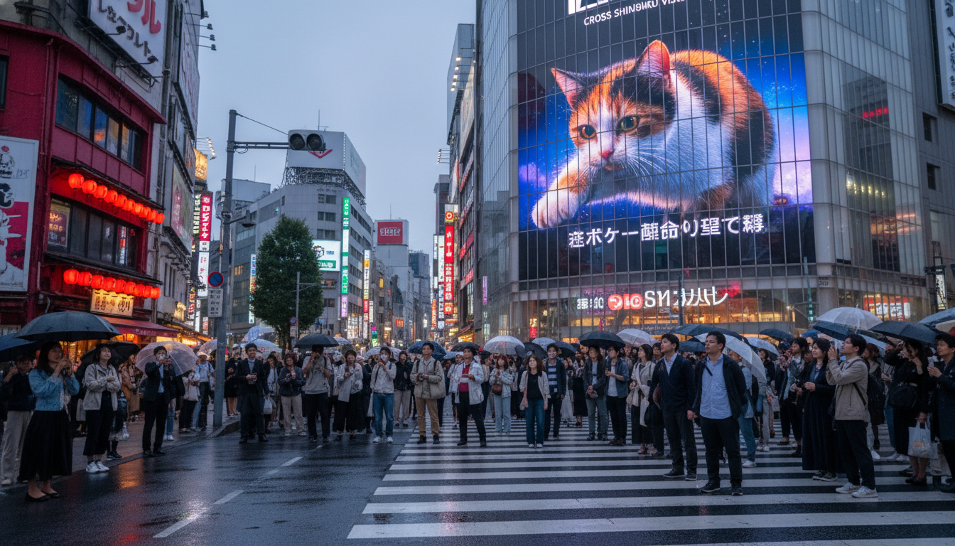Image: A vibrant street scene in Shinjuku, Tokyo, at dusk, with the giant 3D cat on the Cross Shinjuku Vision billboard appearing to stretch out from the building, captivating a crowd of onlookers with phones raised. Neon lights from surrounding buildings glow in the background.