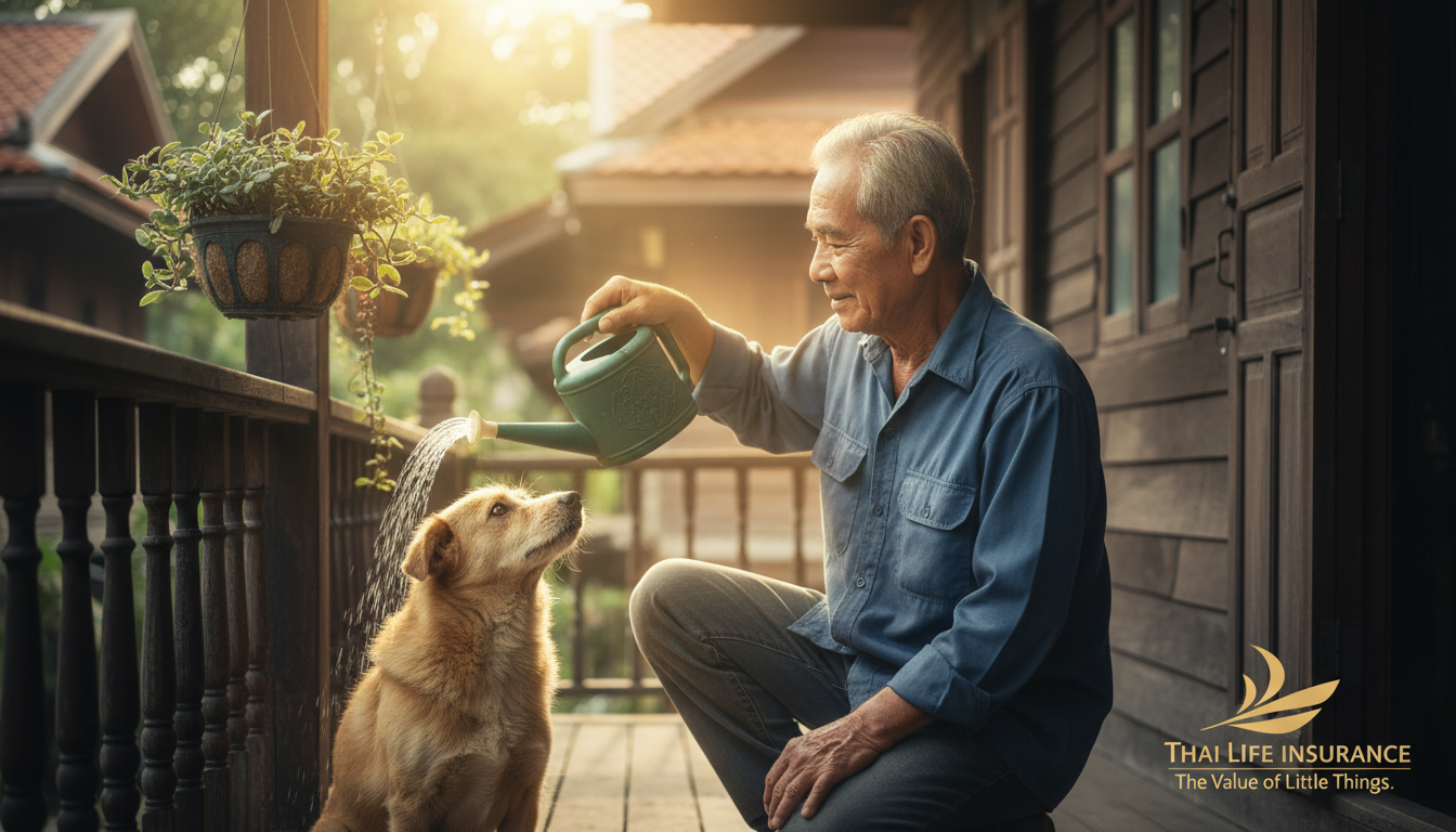 Image: A poignant scene from a Thai Life Insurance commercial, depicting an "unsung hero" character performing a small act of kindness, such as watering a neighbor