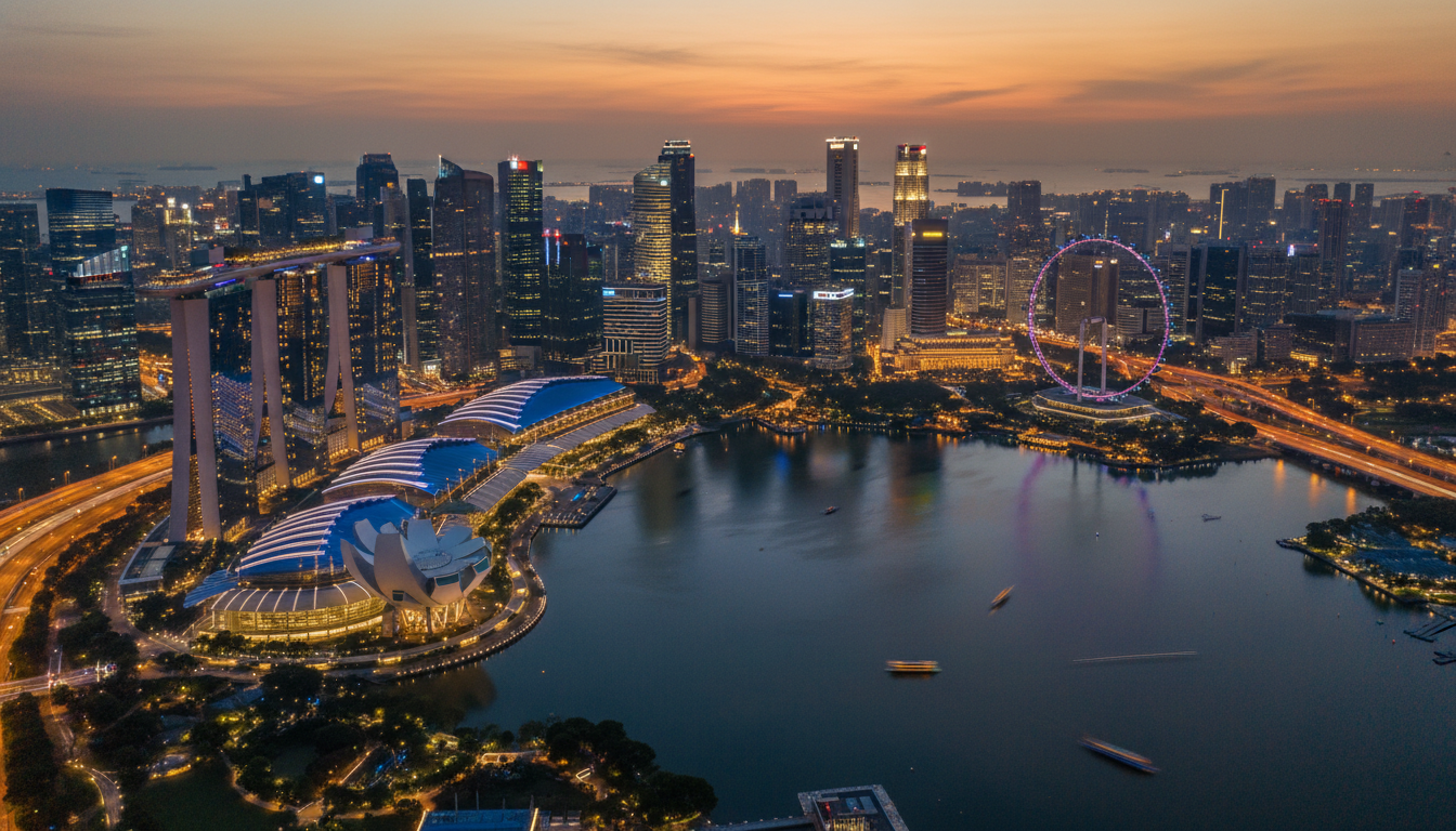 Image: A wide-angle aerial shot of Singapore's modern skyline at dusk, showcasing a harmonious blend of illuminated skyscrapers, lush green spaces, and iconic landmarks like Marina Bay Sands and the Singapore Flyer, with the city lights reflecting on the water.