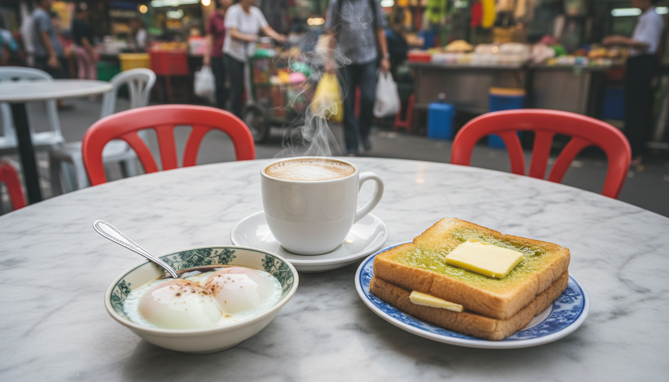 Image: A beautifully arranged traditional Singaporean breakfast spread, featuring a steaming cup of Kopi-C, two perfectly soft-boiled eggs in a small bowl with soy sauce and pepper, and two slices of golden-brown kaya toast with a thick slice of butter. The setting is a classic kopi tiam table with a blurred background of a bustling morning market.