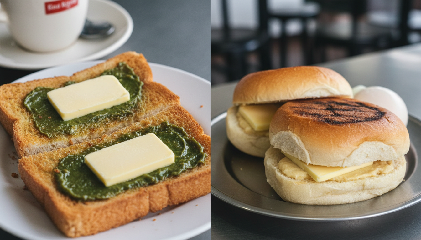 Image: A side-by-side comparison image. On the left, two slices of Ya Kun style thin, crispy kaya toast with a visible slab of cold butter. On the right, two halves of a thick, fluffy, charcoal-grilled kaya bun from Chin Mee Chin, also with butter. The contrast in texture and style should be evident.