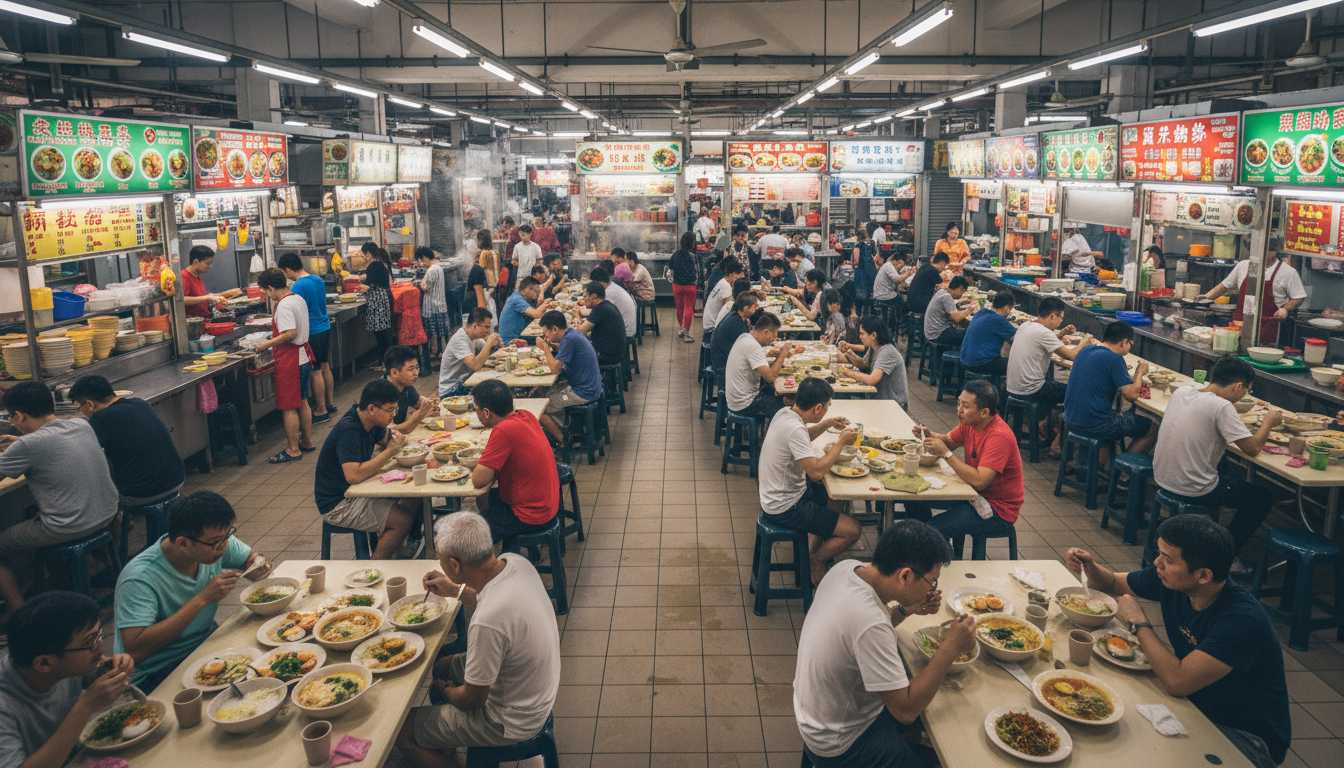 Image: A bustling wide shot of a traditional Singaporean hawker centre during morning rush hour. People are seated at communal tables, enjoying various breakfast dishes. Stalls with colourful signs and steaming food are visible in the background. The atmosphere is lively and authentic.
