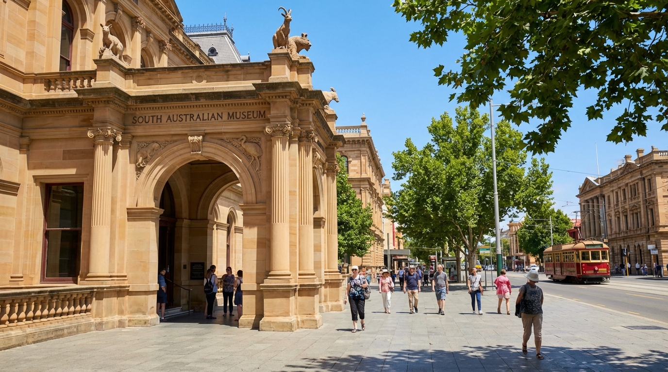 Image: A grand, ornate entrance of the South Australian Museum on North Terrace, Adelaide, with historic architecture and a bright, sunny day. People are walking on the pavement, and a tram might be visible in the distance.