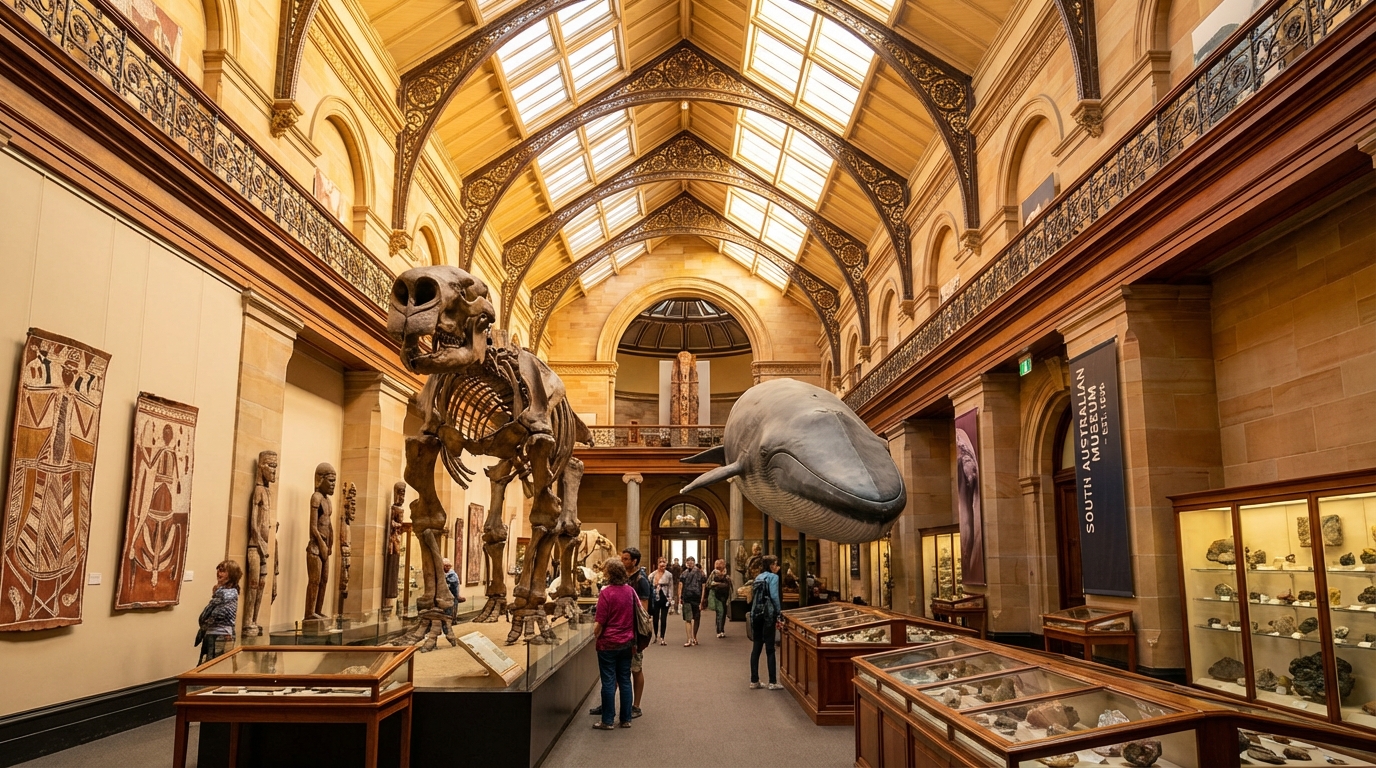 Image: A wide shot of the main hall or a prominent gallery within the South Australian Museum, showing high ceilings, elegant architecture, and a mix of natural history displays and cultural artifacts. The lighting is warm and inviting, highlighting the grand scale of the institution.