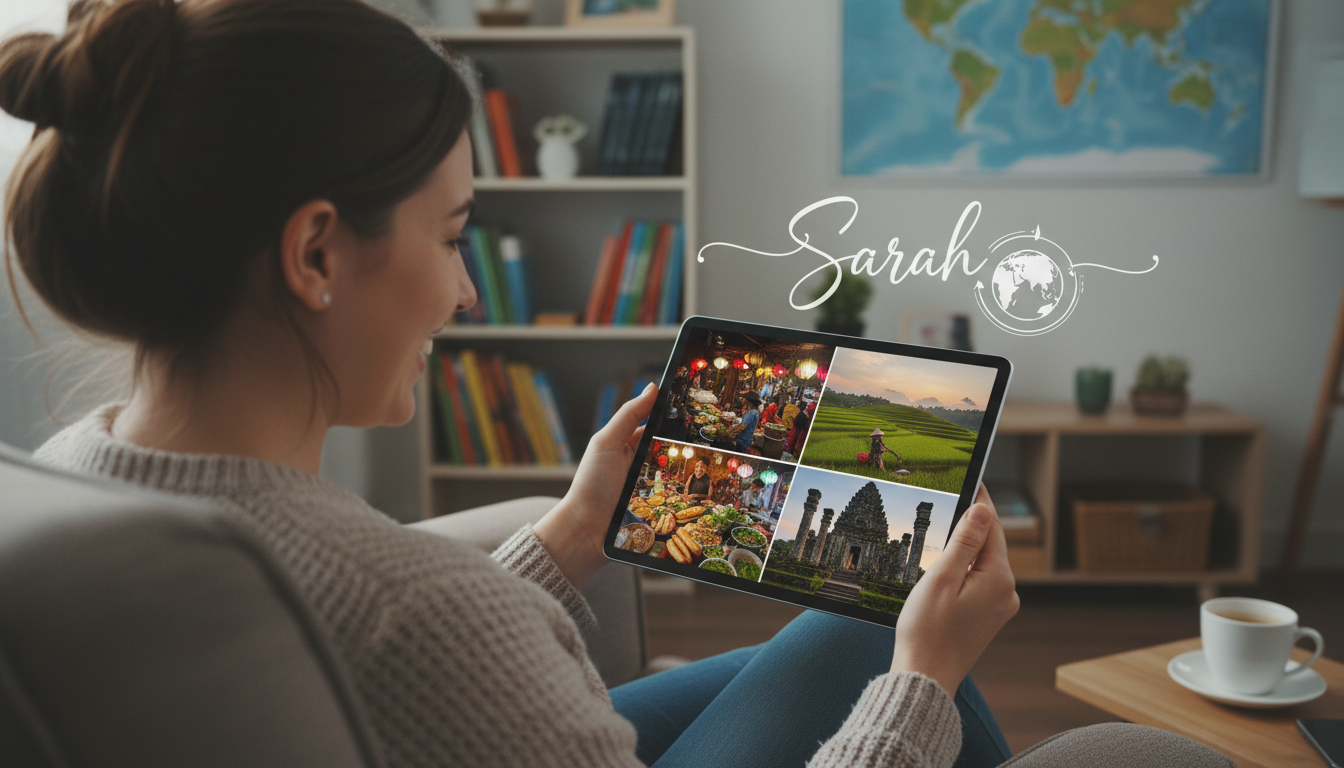 Image: A woman watching a personalized travel video on her tablet, smiling. The video shows snippets of a bustling Vietnamese street food market, serene rice paddies, and ancient temples, all tailored to her interests. On the screen, her name "Sarah" is subtly integrated into the video's graphics.