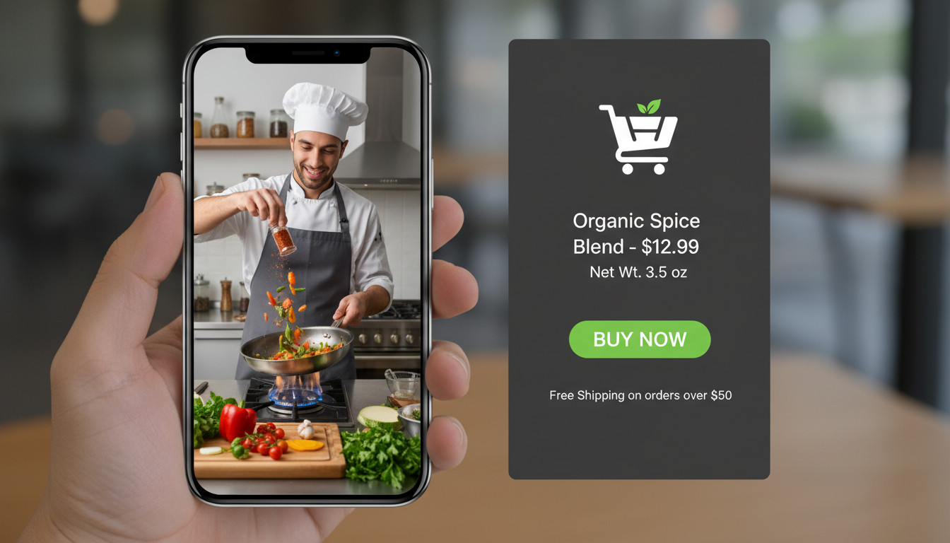 Image: A dynamic split-screen video on a smartphone. On one side, a chef is passionately preparing a dish with fresh ingredients. On the other side, a small shopping cart icon and product details (e.g., "Organic Spice Blend - $12.99") are visible, with a "Buy Now" button.