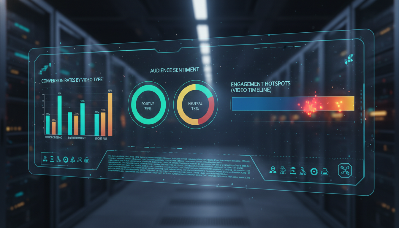 Image: A futuristic dashboard displaying various video analytics metrics. Pie charts show audience sentiment (positive, neutral, negative), bar graphs represent conversion rates from different video types, and a heatmap highlights engagement hotspots on a video timeline.