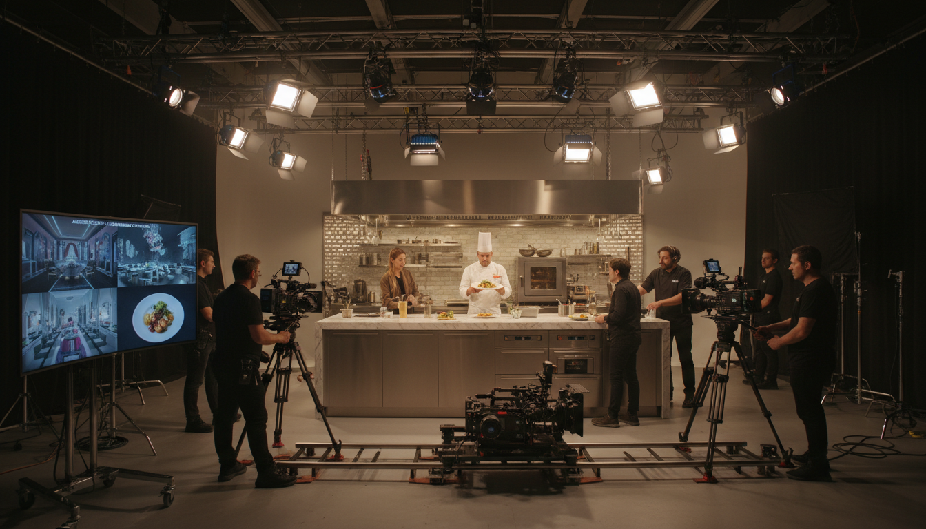 Image: A high-end video production studio with professional lighting, cameras, and a diverse human crew actively filming a commercial for a luxury hotel