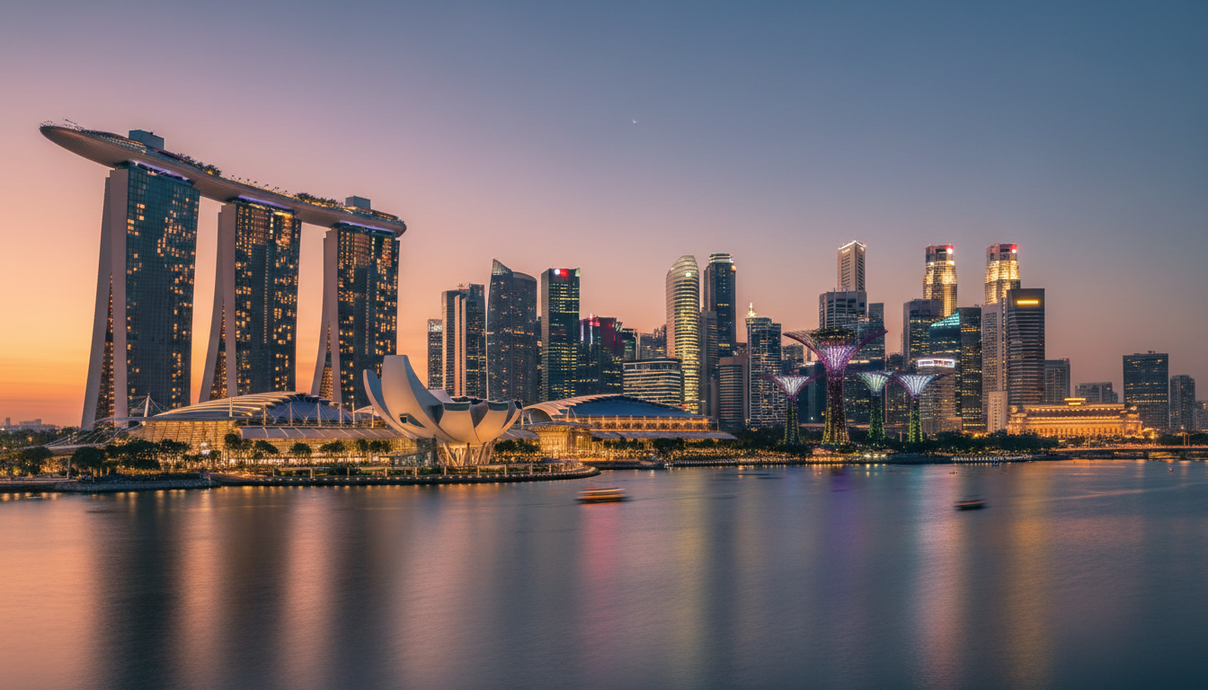 Image: A panoramic view of Singapore's Marina Bay at dusk, featuring the iconic Marina Bay Sands hotel, the ArtScience Museum, and the Supertree Grove in Gardens by the Bay, with the city skyline illuminated in the background.