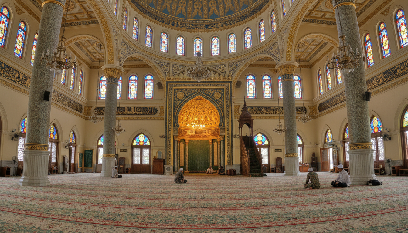 Image: A serene interior shot of the Sultan Mosque in Kampong Glam, Singapore, showcasing its grand architecture, intricate details, and a peaceful atmosphere, with soft natural light filtering through stained glass windows.