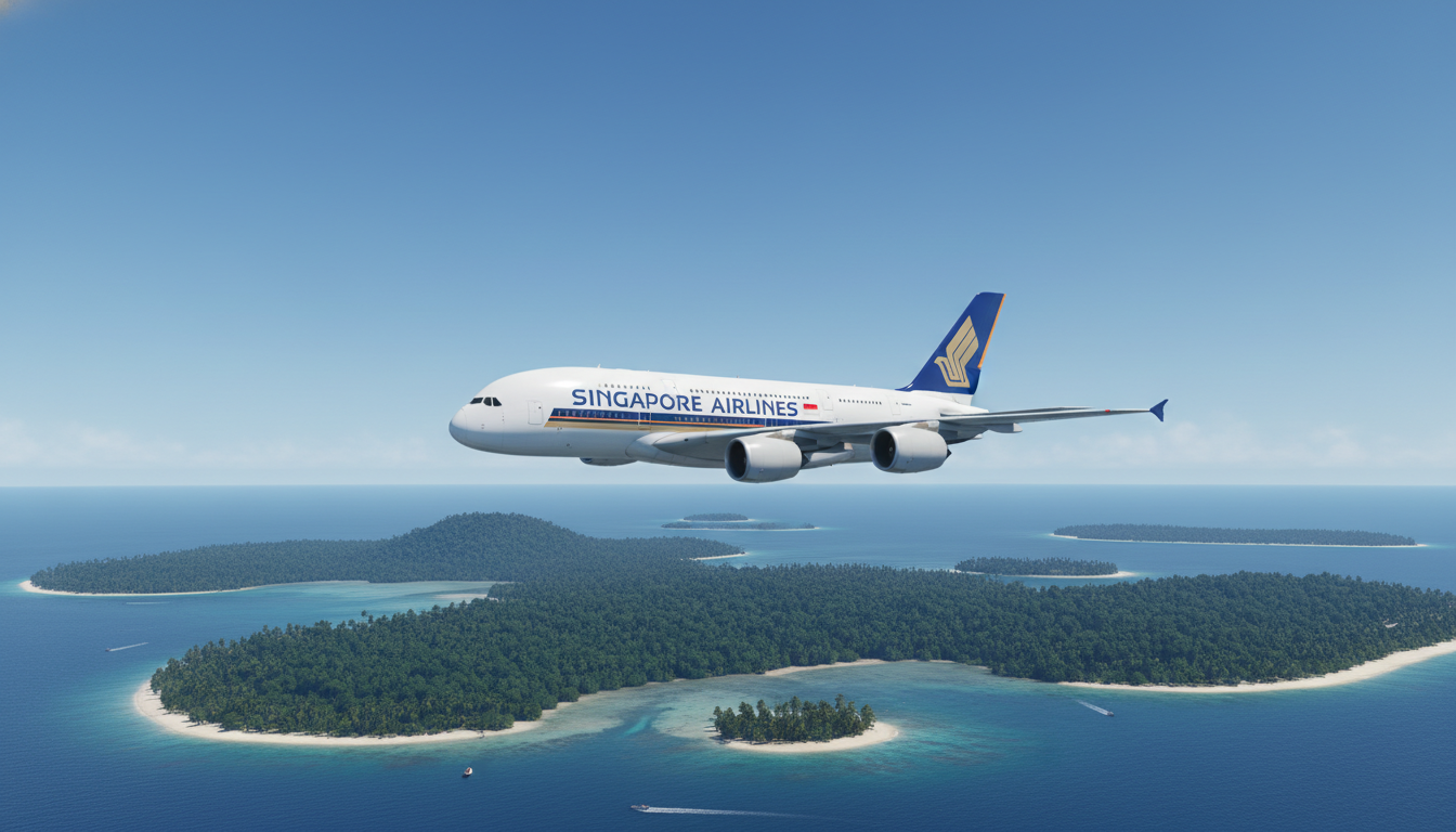 Image: A modern Singapore Airlines aircraft (e.g., A380 or 787) in flight over a tropical landscape, with a clear blue sky, showcasing the airline's iconic livery.