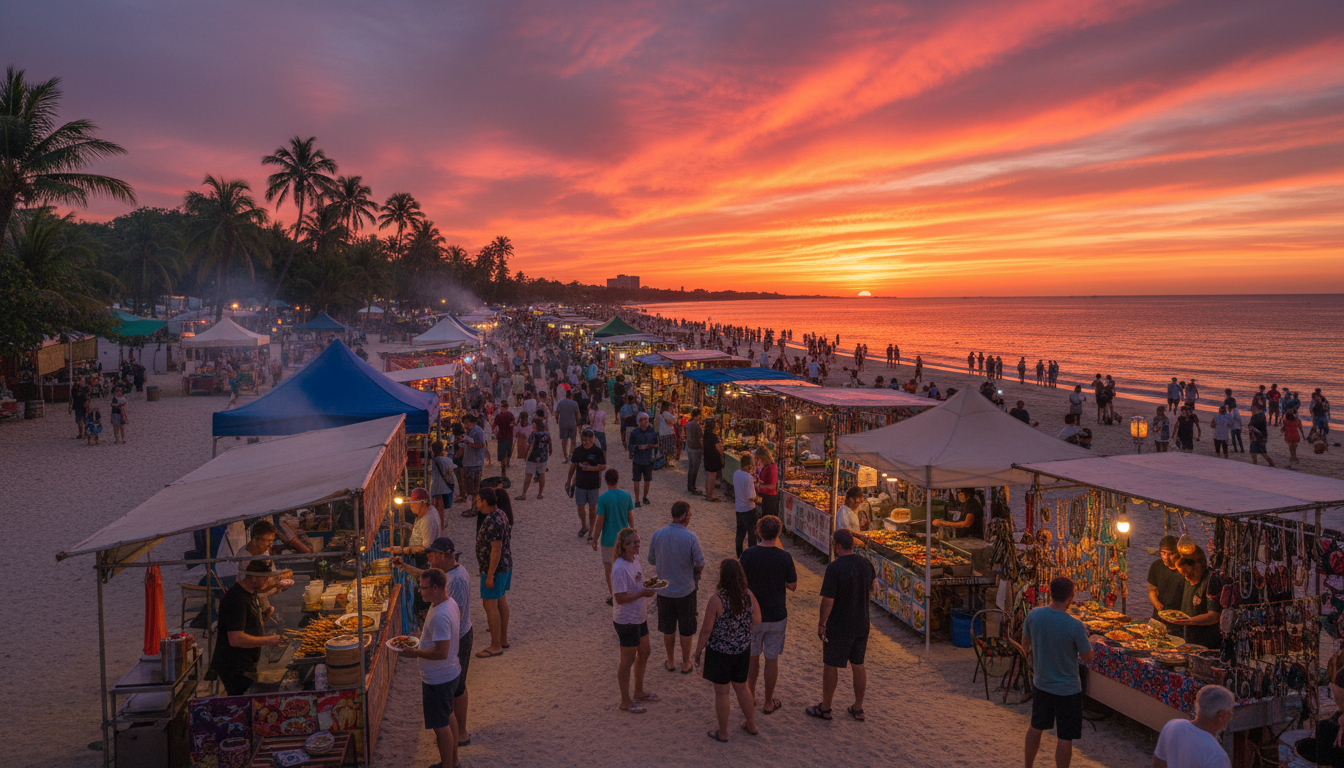 Image: A vibrant panorama of Mindil Beach Sunset Market in Darwin, Australia, bustling with diverse food stalls, people enjoying street food, and handcrafted goods, all under a dramatic orange and purple sunset sky over the Arafura Sea.