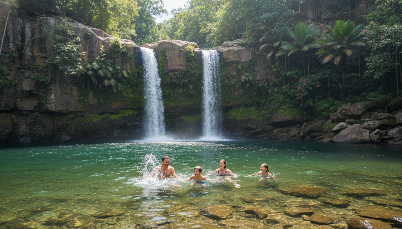 Image: A family with two children, aged around 8 and 12, joyfully swimming in the clear, emerald green waters of Florence Falls in Litchfield National Park, surrounded by lush tropical vegetation and cascading waterfalls.