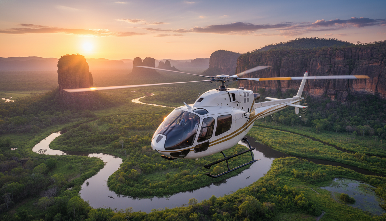 Image: A luxurious private helicopter flying low over the dramatic sandstone escarpments and lush green wetlands of Kakadu National Park at sunrise, casting long shadows.