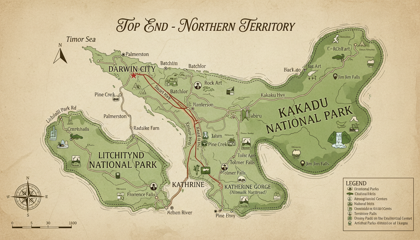 Image: A detailed map of the Northern Territory's Top End, highlighting Darwin City, Kakadu National Park, Litchfield National Park, and Katherine Gorge, with clear roads and points of interest marked.