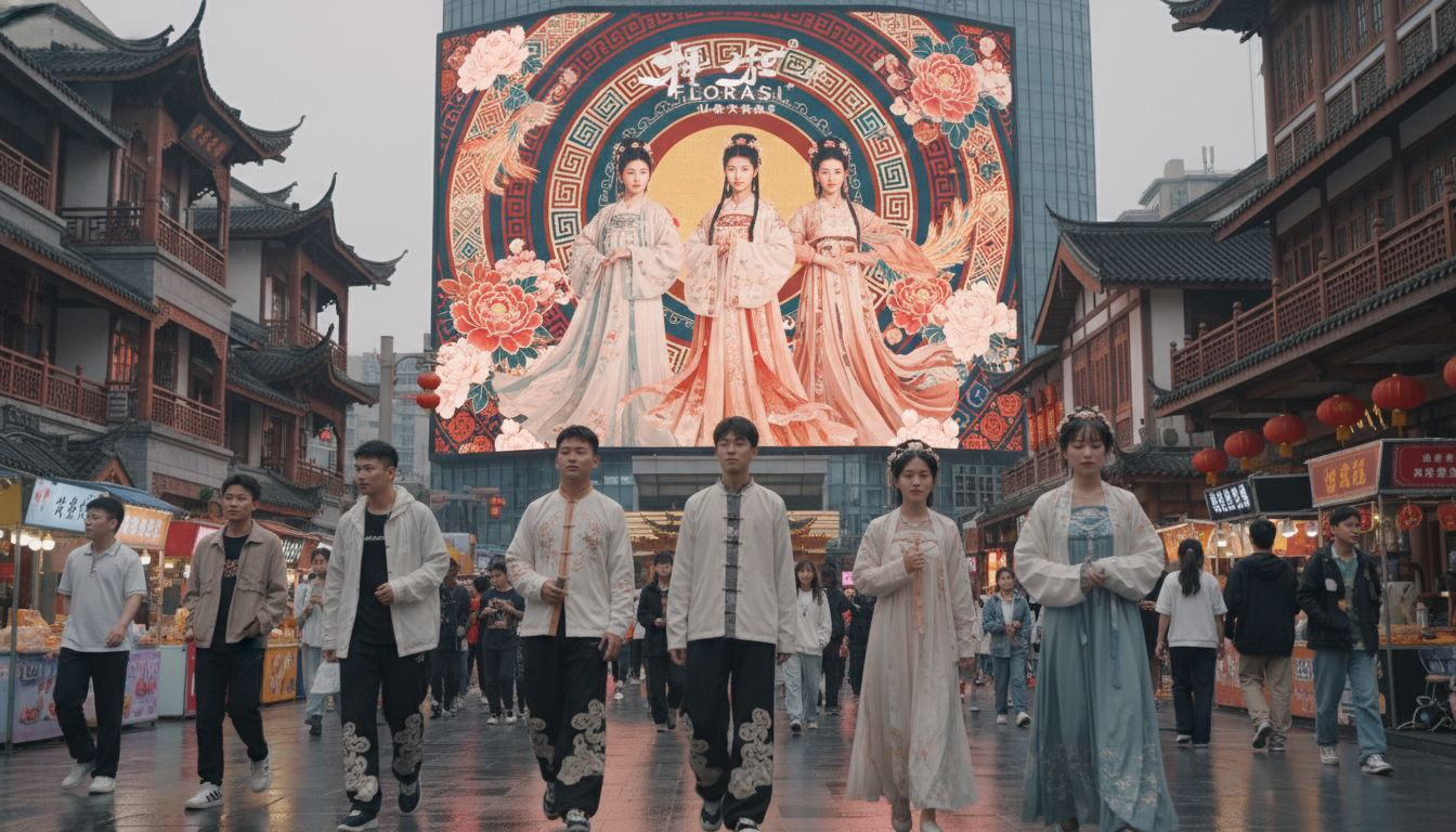 Image: A vibrant street scene in Chengdu, China, with young people wearing modern fashion infused with traditional Chinese elements. A large digital billboard in the background displays an advertisement for a Chinese cosmetic brand, Florasis, featuring intricate traditional patterns and elegant models.