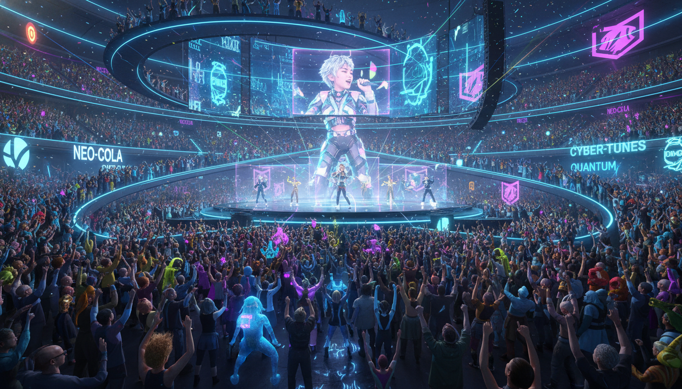 Image: A futuristic metaverse concert scene with thousands of diverse avatars cheering in a neon-lit, fantastical digital arena. A famous Asian pop star avatar performs on a holographic stage, with interactive brand logos subtly integrated into the virtual environment, creating an immersive experience.