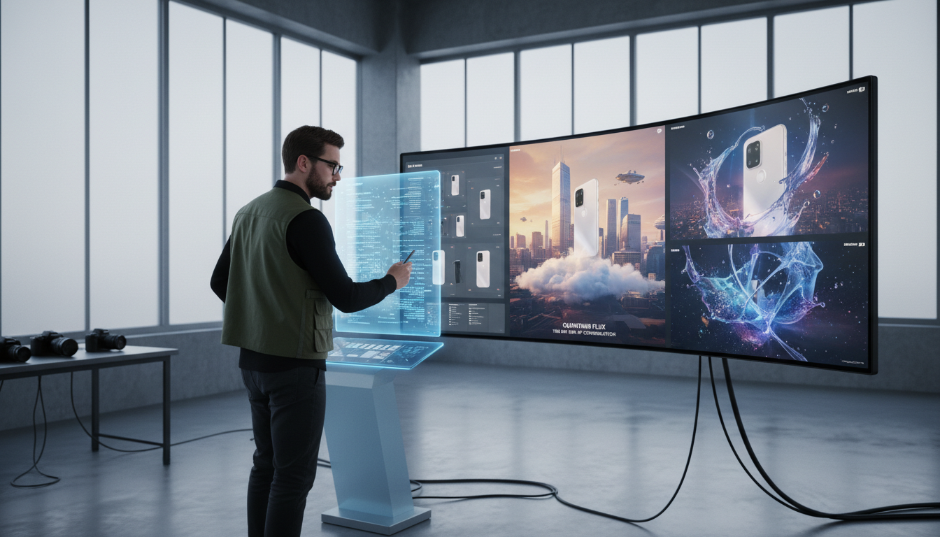 Image: A sleek, modern studio setting where a commercial photographer is collaborating with an AI interface. On a large monitor, AI is generating hyper-realistic product shots for a new smartphone, showcasing it in impossible, dreamlike scenarios like floating above a futuristic city or immersed in a liquid nebula, blending human direction with AI creativity.