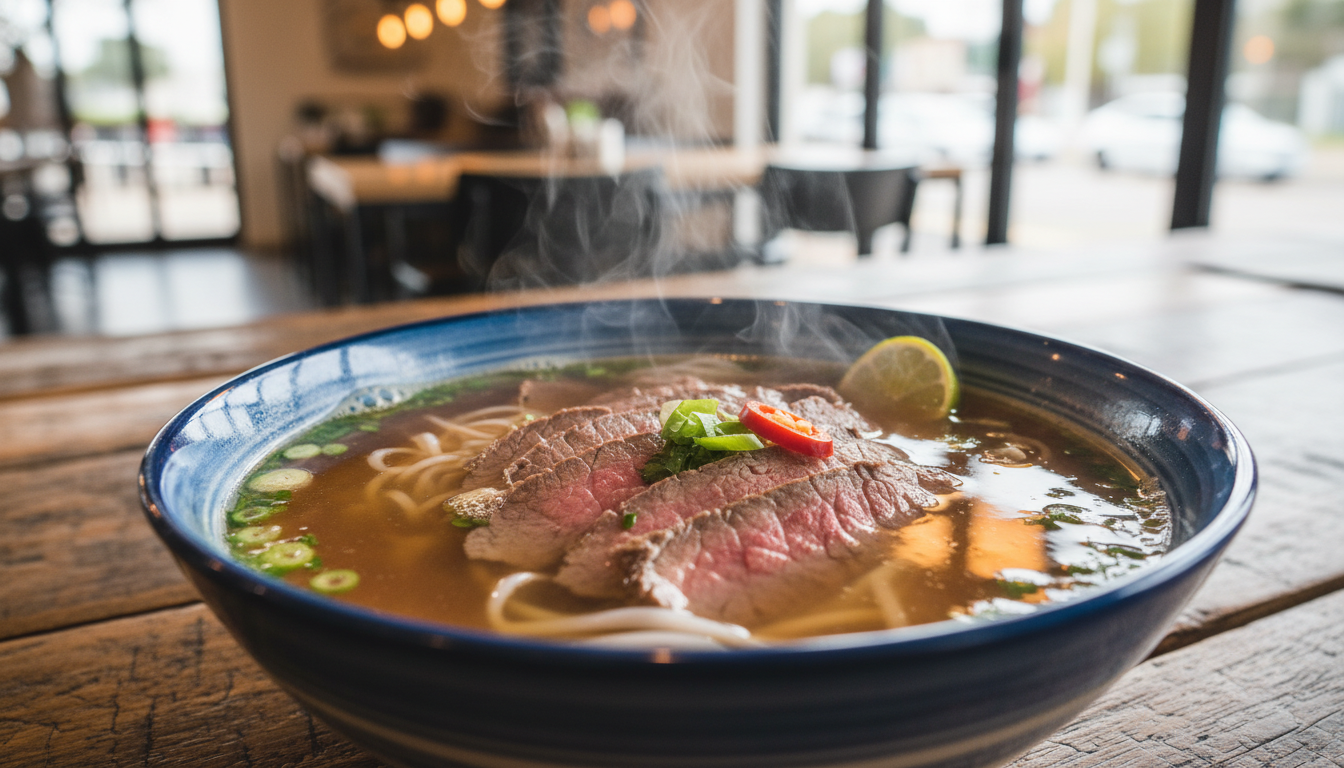 Image: A close-up of a steaming bowl of Northern Vietnamese Phở Bắc with a clear broth, thin slices of beef, and minimal fresh herbs, served on a rustic wooden table in a well-lit Adelaide restaurant.