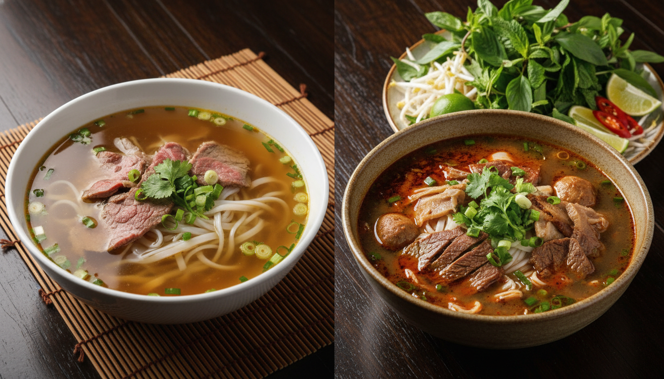 Image: A split image showing two bowls of pho side-by-side. On the left, a clear, delicate Phở Bắc broth with minimal garnishes. On the right, a richer, cloudier Phở Nam broth with a large plate of fresh herbs, lime, and chili. Both bowls are on a dark wooden table.