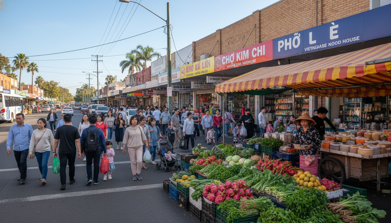 Image: A bustling street scene in Pooraka, Adelaide, with Vietnamese signs on shops, people walking, and the vibrant colors of a market stall.