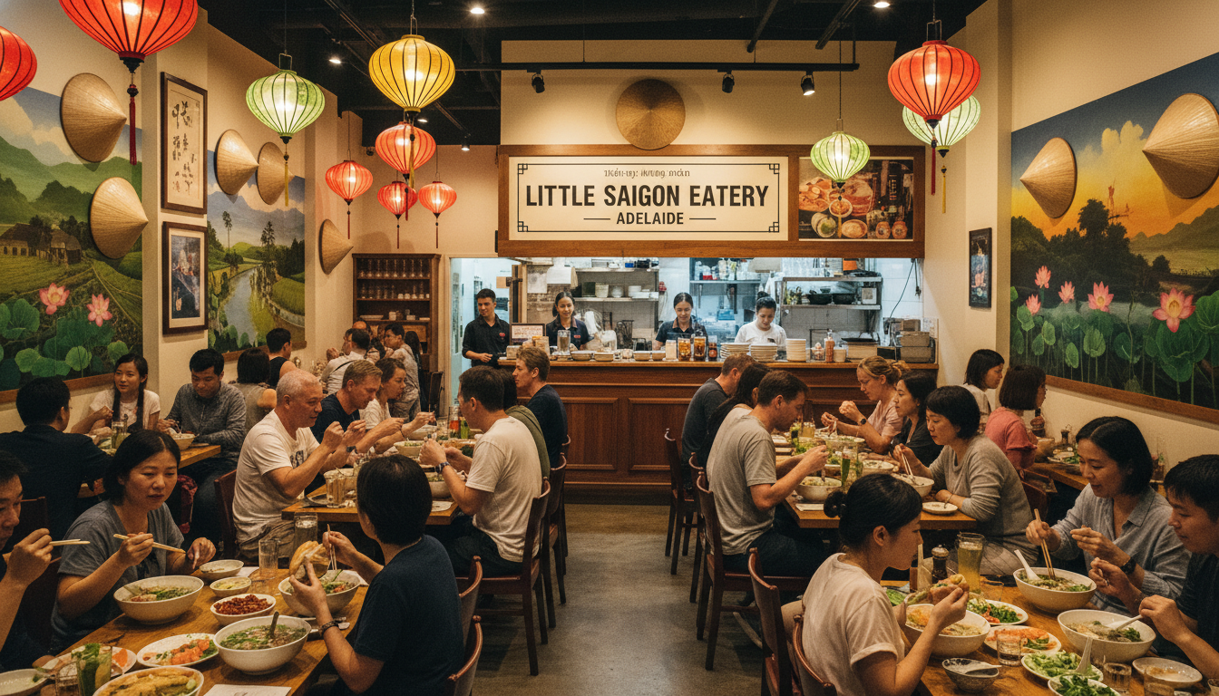 Image: A wide shot of a bustling Vietnamese restaurant in Adelaide, showing diverse customers enjoying various dishes (pho, banh mi), with traditional Vietnamese decor and warm lighting, capturing a sense of community and culinary richness.