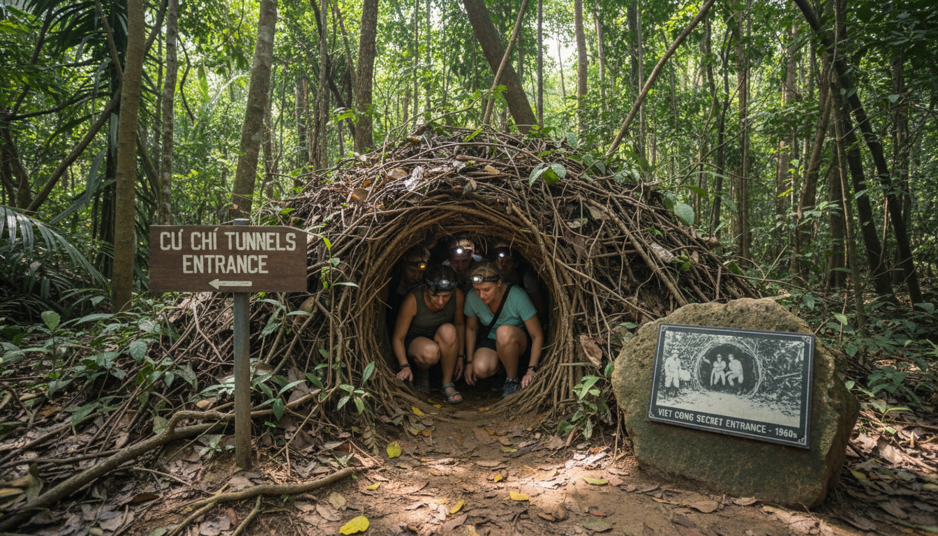 Image: A section of the Cu Chi Tunnels entrance, showing visitors crouching to enter a narrow, camouflaged tunnel opening in a dense jungle environment, with historical markers nearby.
