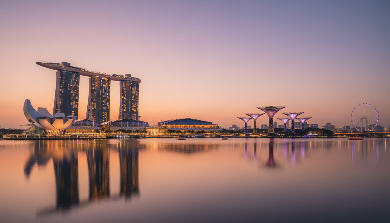 Image: A panoramic view of Singapore's Marina Bay at dusk, with the cityscape brightly illuminated. Marina Bay Sands hotel, ArtScience Museum, and the Supertree Grove glow with a warm, inviting light, reflecting in the calm water. The sky shows soft hues of orange and purple.