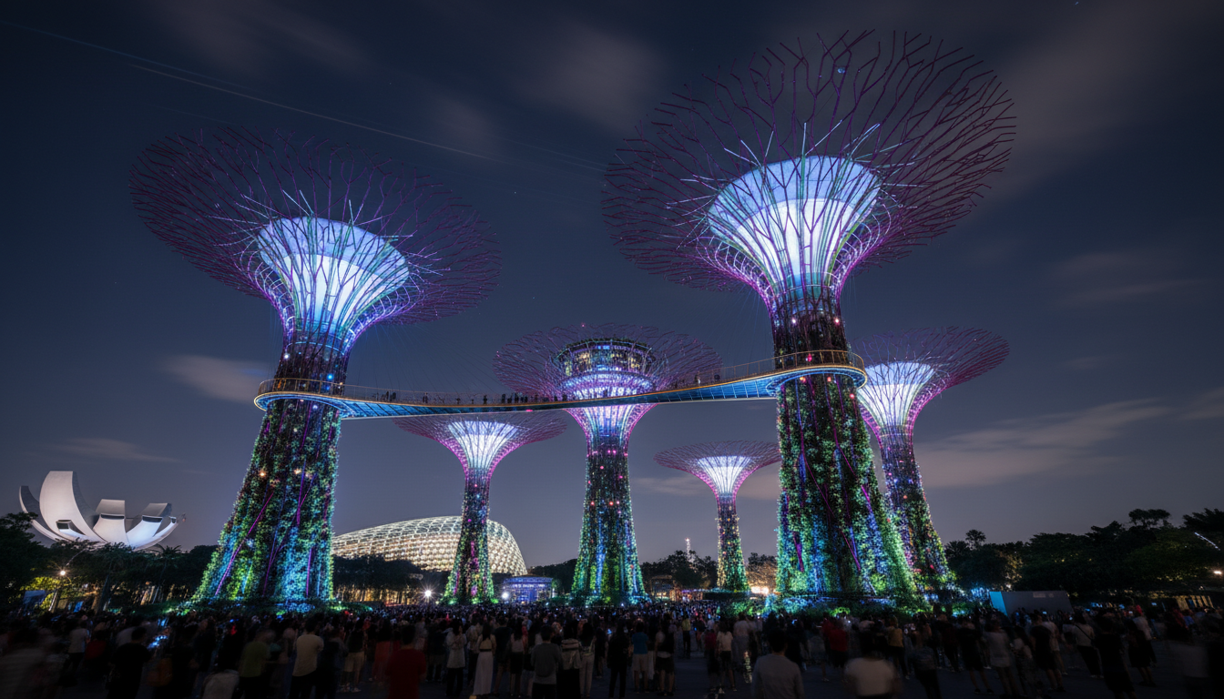 Image: The Supertree Grove at Gardens by the Bay in Singapore at night, illuminated by the Garden Rhapsody light show. The giant tree-like structures glow with vibrant, shifting colors against a dark sky, with the OCBC Skyway visible.