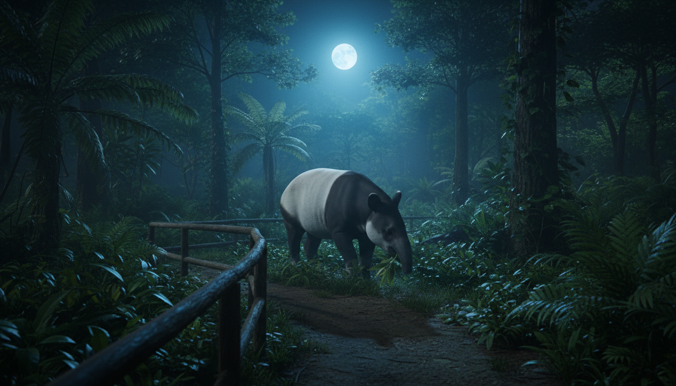 Image: A scene from Singapore's Night Safari, showing a Malayan tapir grazing under subtle, moon-like artificial lighting. The lush, dark foliage of its enclosure is visible, with a hint of a walking trail in the foreground.