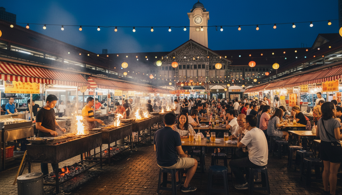 Image: A bustling night scene at Lau Pa Sat's "Satay Street" in Singapore. Numerous open-air food stalls are grilling satay over charcoal, emitting smoke and glow. Diners are seated at long tables under festive lights, enjoying their food, with the historic Victorian architecture of Lau Pa Sat in the background.