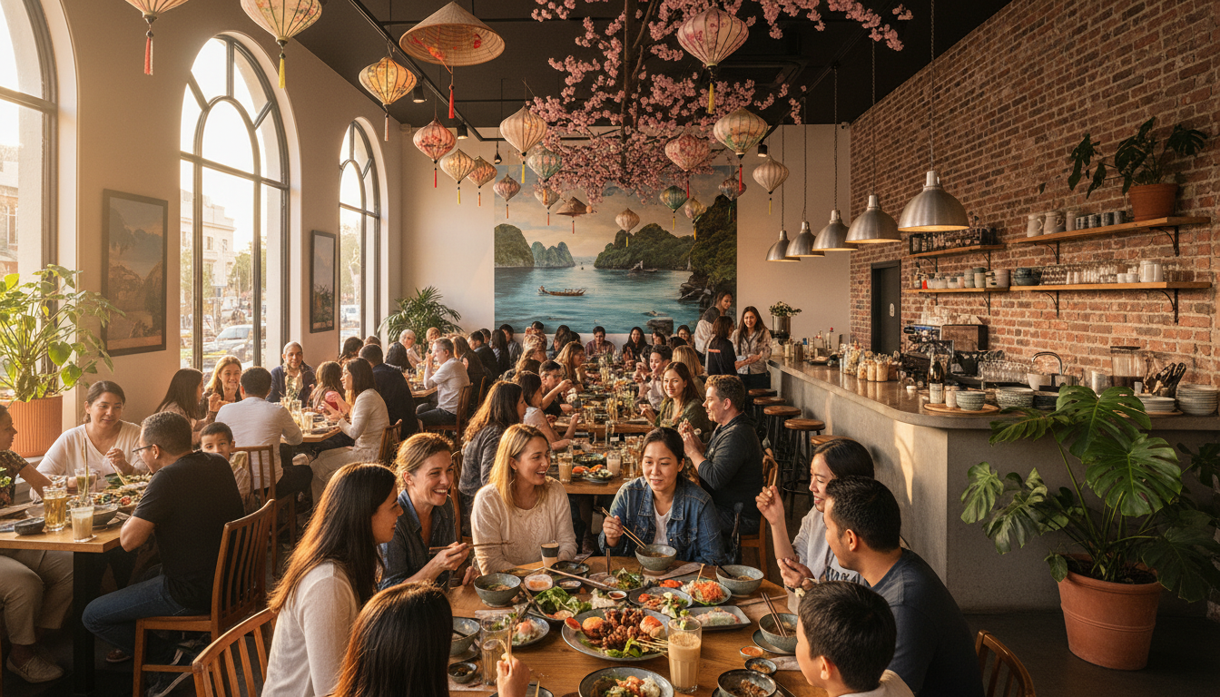 Image: A warm and inviting scene inside a Vietnamese community restaurant in Adelaide, with diverse families and friends gathered, laughing, and sharing food. There are elements of traditional decor mixed with modern touches, and a general atmosphere of joy and connection.