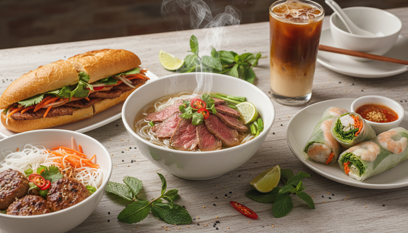Image: A beautifully composed flat lay of various iconic Vietnamese dishes from Adelaide, including a steaming bowl of pho, a crisp bánh mì, fresh spring rolls, and perhaps a colourful Vietnamese iced coffee. The setting is bright and inviting, showcasing the freshness and appeal of the cuisine.