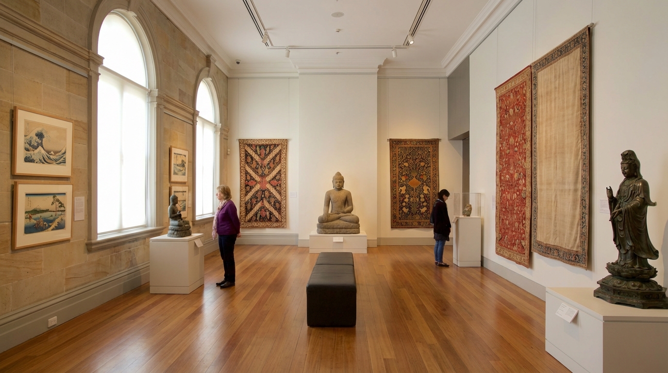 Image: A serene gallery room within the Art Gallery of South Australia showcasing a diverse collection of Asian art, including Japanese woodblock prints, intricate textiles, and elegant sculptures, bathed in soft, natural light.