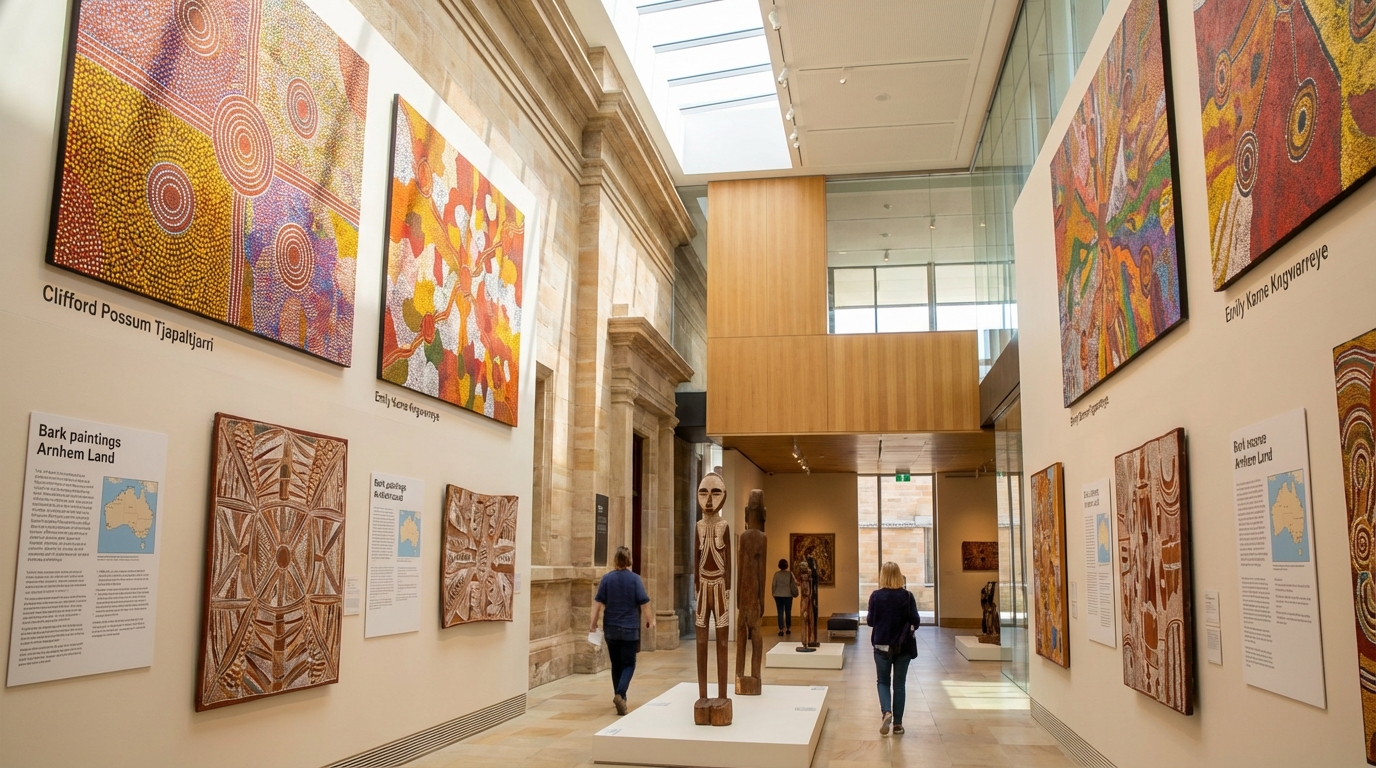Image: An expansive, well-lit gallery space within the Art Gallery of South Australia, dedicated to Indigenous art, featuring large-scale vibrant dot paintings, intricate bark paintings, and sculptures, with informative plaques visible.
