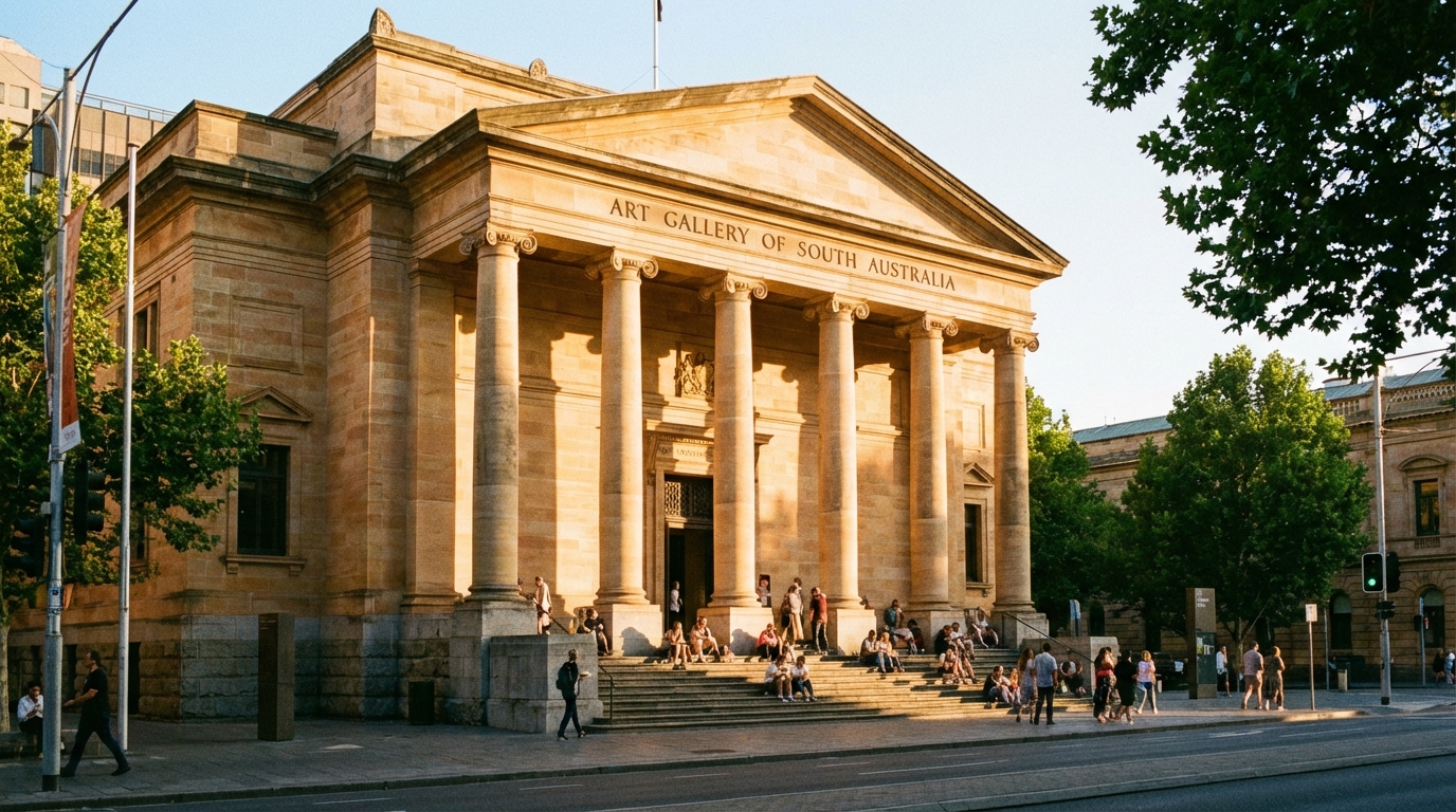 Image: The grand, neoclassical exterior of the Art Gallery of South Australia on North Terrace, Adelaide, with its imposing columns, wide stone steps, and symmetrical design, bathed in warm afternoon sunlight.
