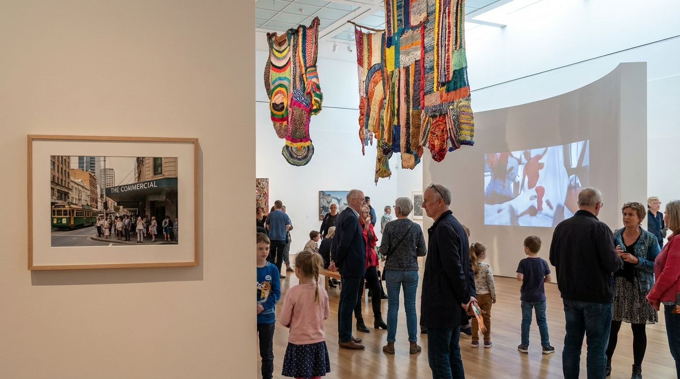 Image: A comparison image showing a vibrant contemporary art exhibition inside the Art Gallery of South Australia, with diverse visitors engaging with thought-provoking installations, juxtaposed subtly with a smaller image of a bustling exterior of a gallery in Melbourne or Sydney to highlight contrast in scale.