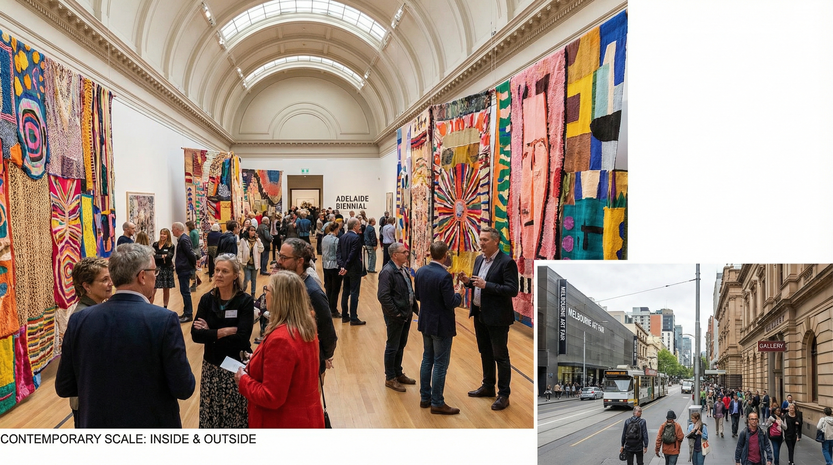 Image: A comparison image showing a vibrant contemporary art exhibition inside the Art Gallery of South Australia, with diverse visitors engaging with thought-provoking installations, juxtaposed subtly with a smaller image of a bustling exterior of a gallery in Melbourne or Sydney to highlight contrast in scale.