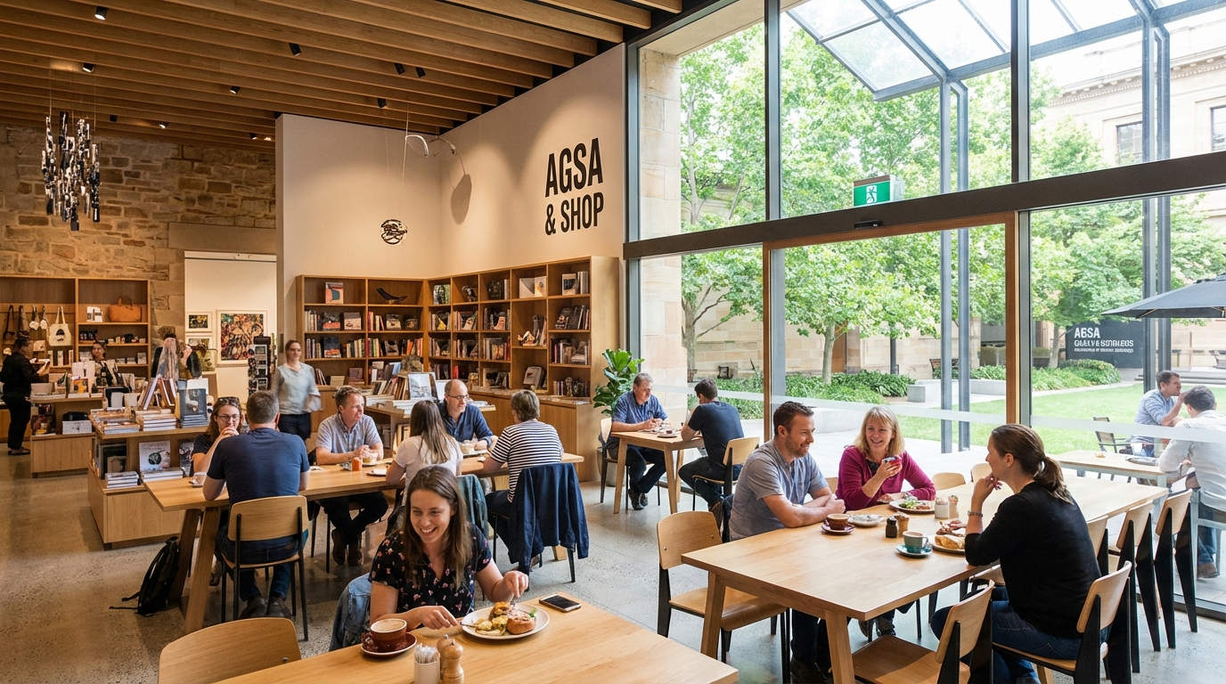 Image: A bright and inviting interior of the Art Gallery of South Australia's cafe and gift shop area, with visitors browsing art books and enjoying coffee, visible through large windows overlooking a green space.