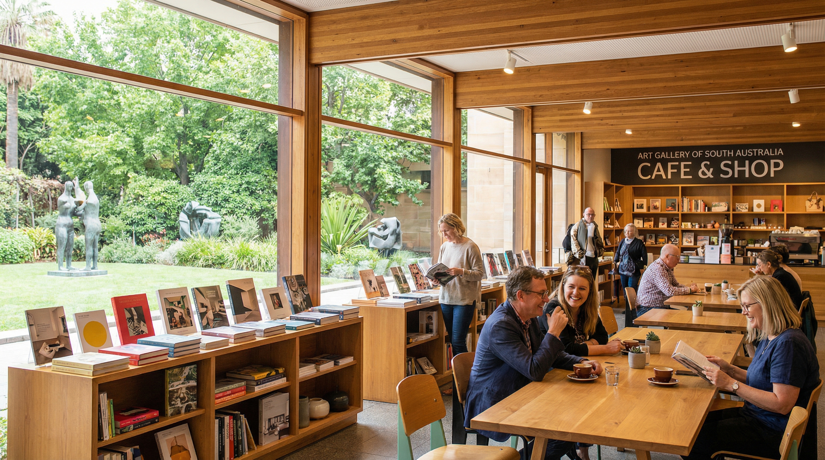 Image: A bright and inviting interior of the Art Gallery of South Australia's cafe and gift shop area, with visitors browsing art books and enjoying coffee, visible through large windows overlooking a green space.