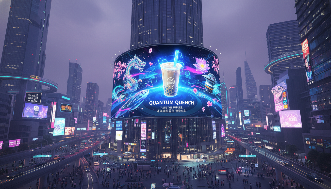 Image: A futuristic LED billboard displaying a vibrant, culturally integrated advertisement for a beverage brand, set against the backdrop of a bustling Asian metropolis at night with neon lights and tall skyscrapers.