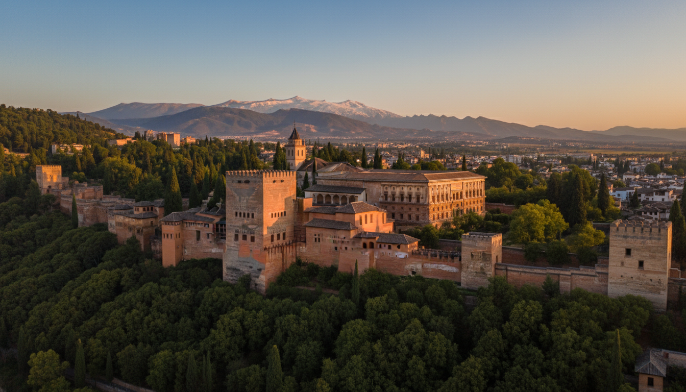 Image: A breathtaking drone shot sweeping over the historic Alhambra palace in Granada, Spain, at sunset, with intricate Moorish architecture bathed in golden light, and the Sierra Nevada mountains in the background.