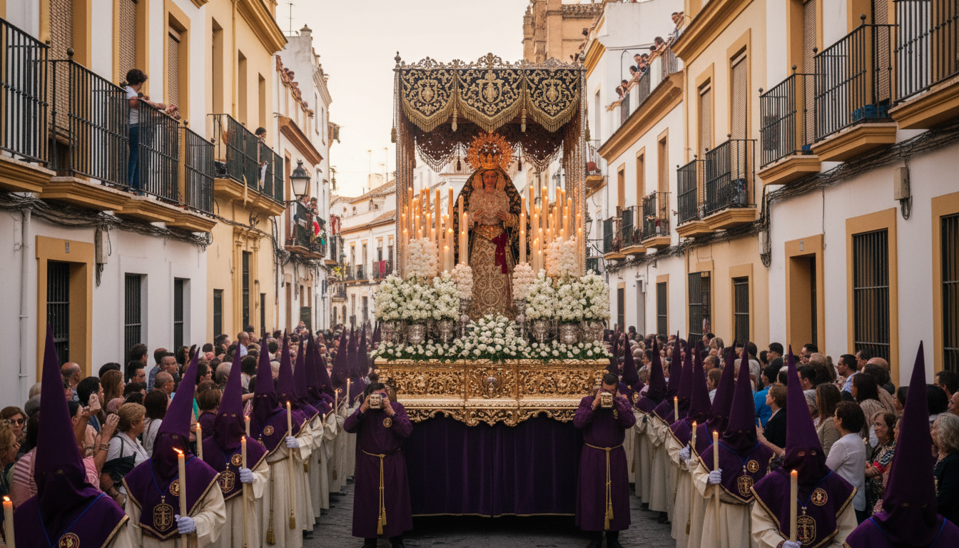 Image: A vibrant street scene in Seville, Spain, during Semana Santa, with a detailed float (paso) being carried through a narrow cobblestone street, surrounded by crowds of onlookers and penitents in traditional robes, with warm evening light.