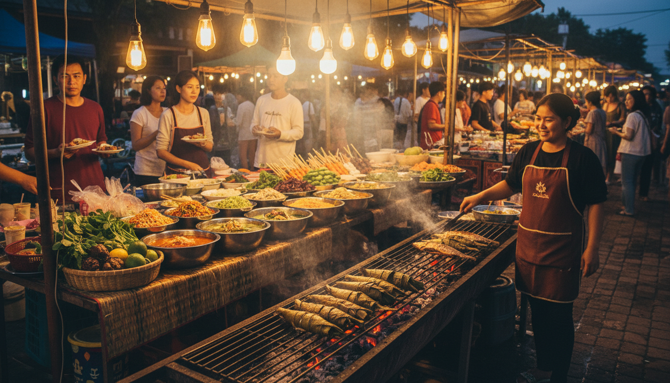 Image: A vibrant, bustling night market food stall in Luang Prabang, focusing on a vendor grilling fresh fish wrapped in banana leaves over charcoal. The stall is illuminated by warm, inviting lights, with an array of colorful Lao dishes and fresh ingredients visible. People are browsing in the background.