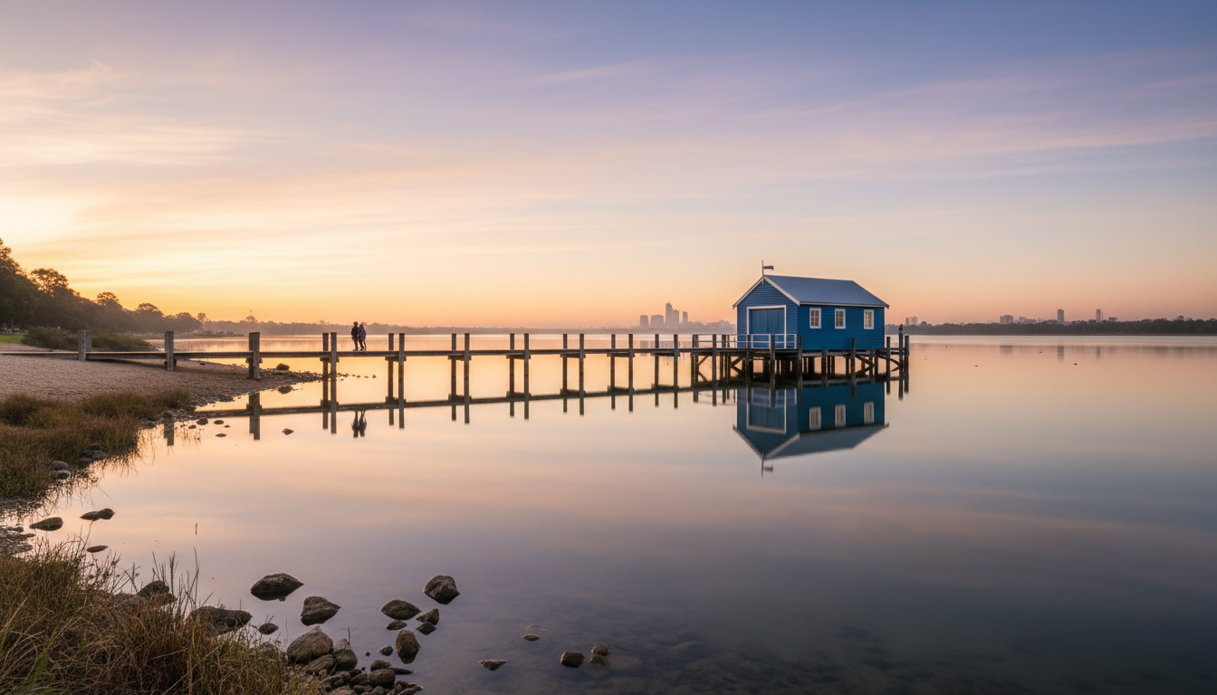 Image: A serene wide-angle shot of the Crawley Edge Boatshed at sunrise, with soft golden light illuminating the blue structure and its reflection on calm water. There are very few people, suggesting an early morning visit.