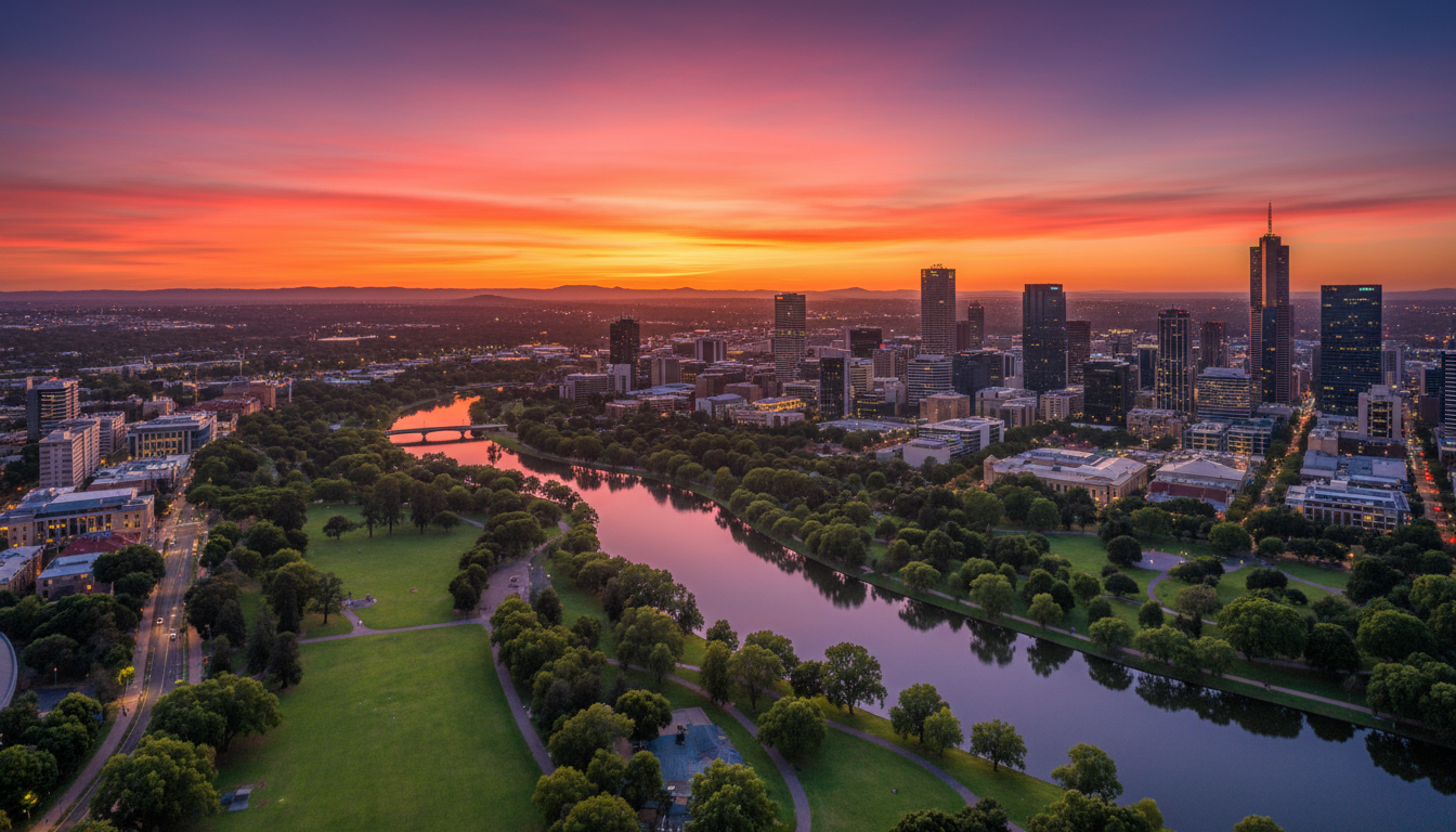 Image: A wide shot of Adelaide's elegant city skyline at sunset, with the River Torrens winding through lush parklands in the foreground and the Adelaide Hills visible in the distance. The sky is a gradient of warm orange and purple hues.