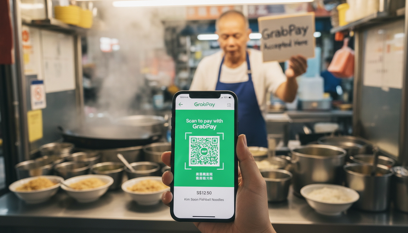 Image: A close-up shot of a hand holding a smartphone displaying a GrabPay QR code, with a blurred background of a traditional Singaporean hawker stall vendor accepting payment.