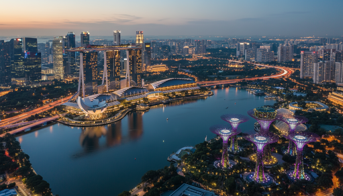 Image: An aerial view of Singapore's skyline at dusk, with the iconic Marina Bay Sands and Supertree Grove illuminated, reflecting in the bay, symbolizing the blend of modernity and vibrant city life.