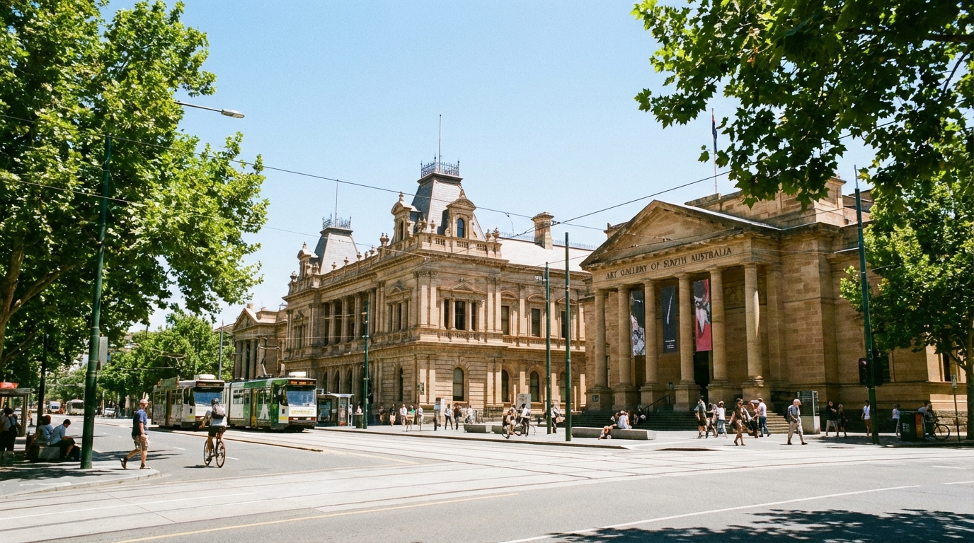 Image: A wide shot of Adelaide's North Terrace, featuring the grand architecture of the State Library of South Australia and the Art Gallery of South Australia under a clear blue sky, with people strolling along the tree-lined boulevard.